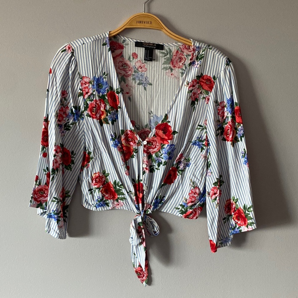 Red and Blue Floral with Pin Stripes Cropped Blouse